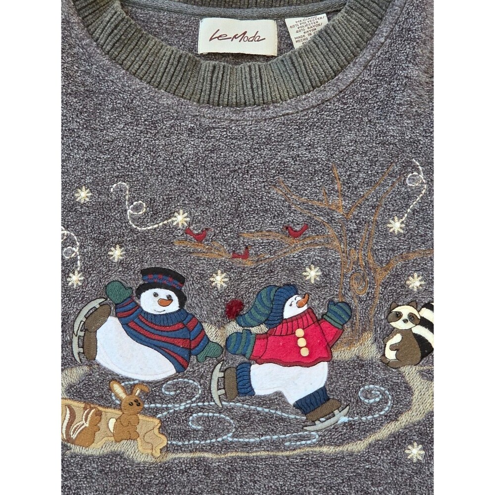 LeModa Ugly Christmas Sweater Embroidered Snowmen Raccoon Fleece M VTG Y2K EUC